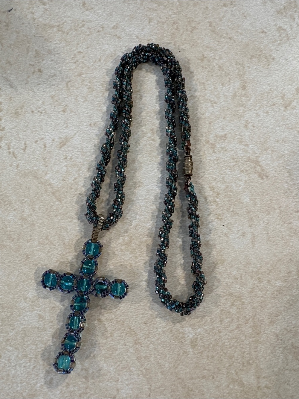 Beaded Cross Pendant Necklace in Teal and Black